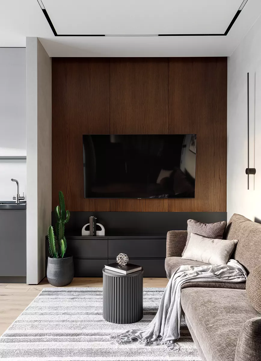 Уютный интерьер квартиры с акцентной стеной в ванной комнате — проект Brimmer Design Buro