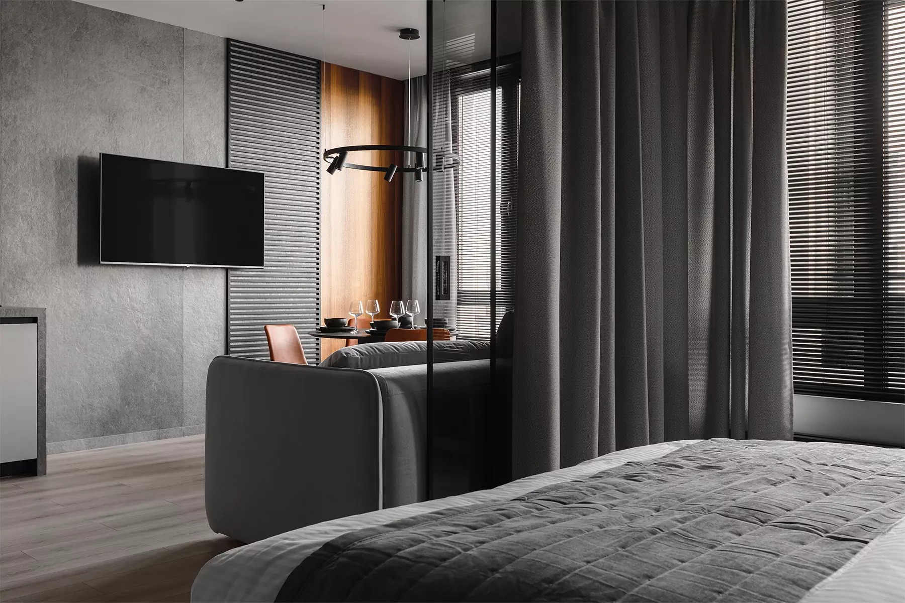 Природные фактуры в интерьере небольшой квартиры под сдачу в аренду — проект Михаила Иванцова