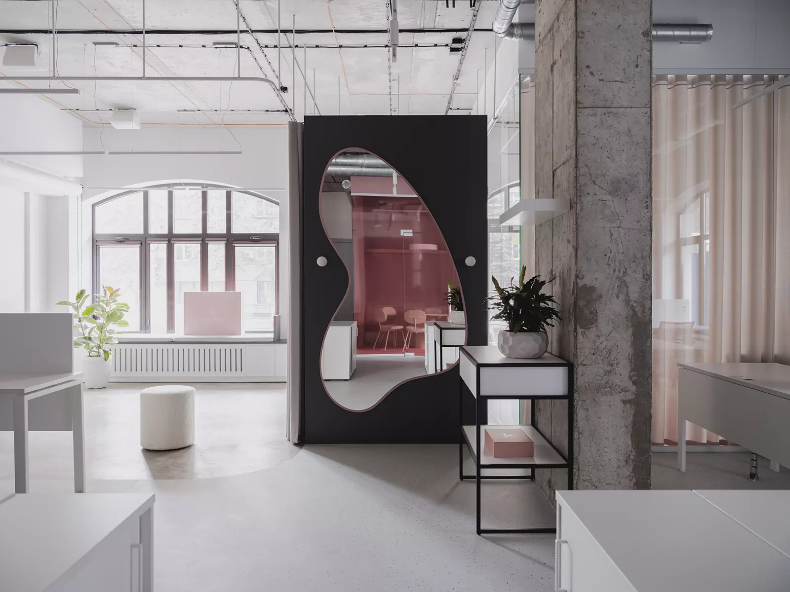 Акцентный розовый куб в интерьере офиса для бренда купальников — проект Лины Дедюхиной и Натальи Стадник