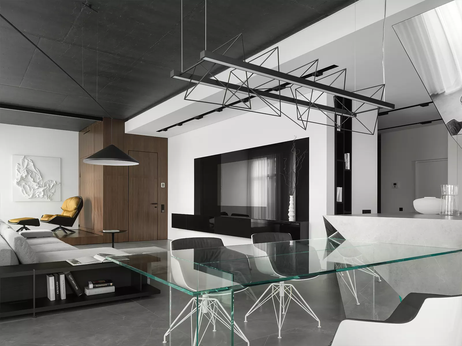 Скульптурные объемы, зеркала и гибкое зонирование в монохромном интерьере – проект студии Geometrix Design