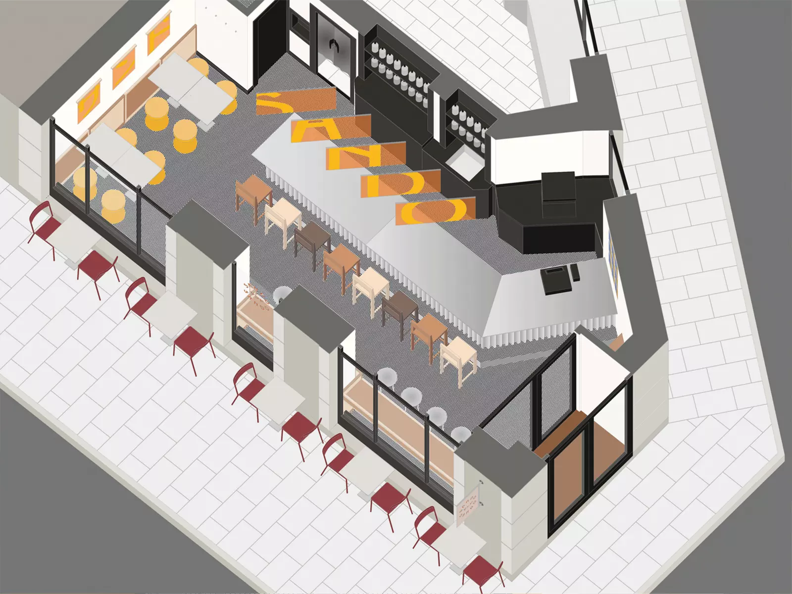 Акцентные панно с японскими иероглифами в интерьере швейцарского бургер-бара — проект Sapid Studio