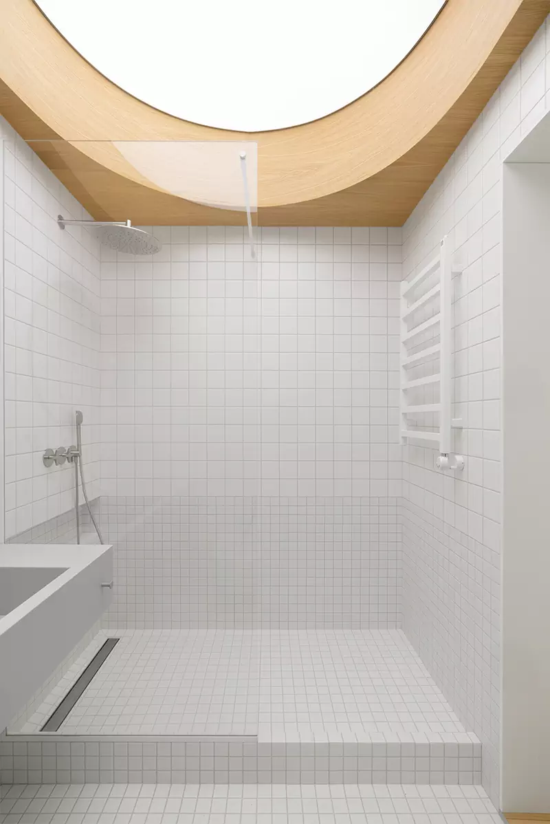 Скульптурный объем ванной комнаты в аскетичном интерьере исторической квартиры — проект бюро .dpt