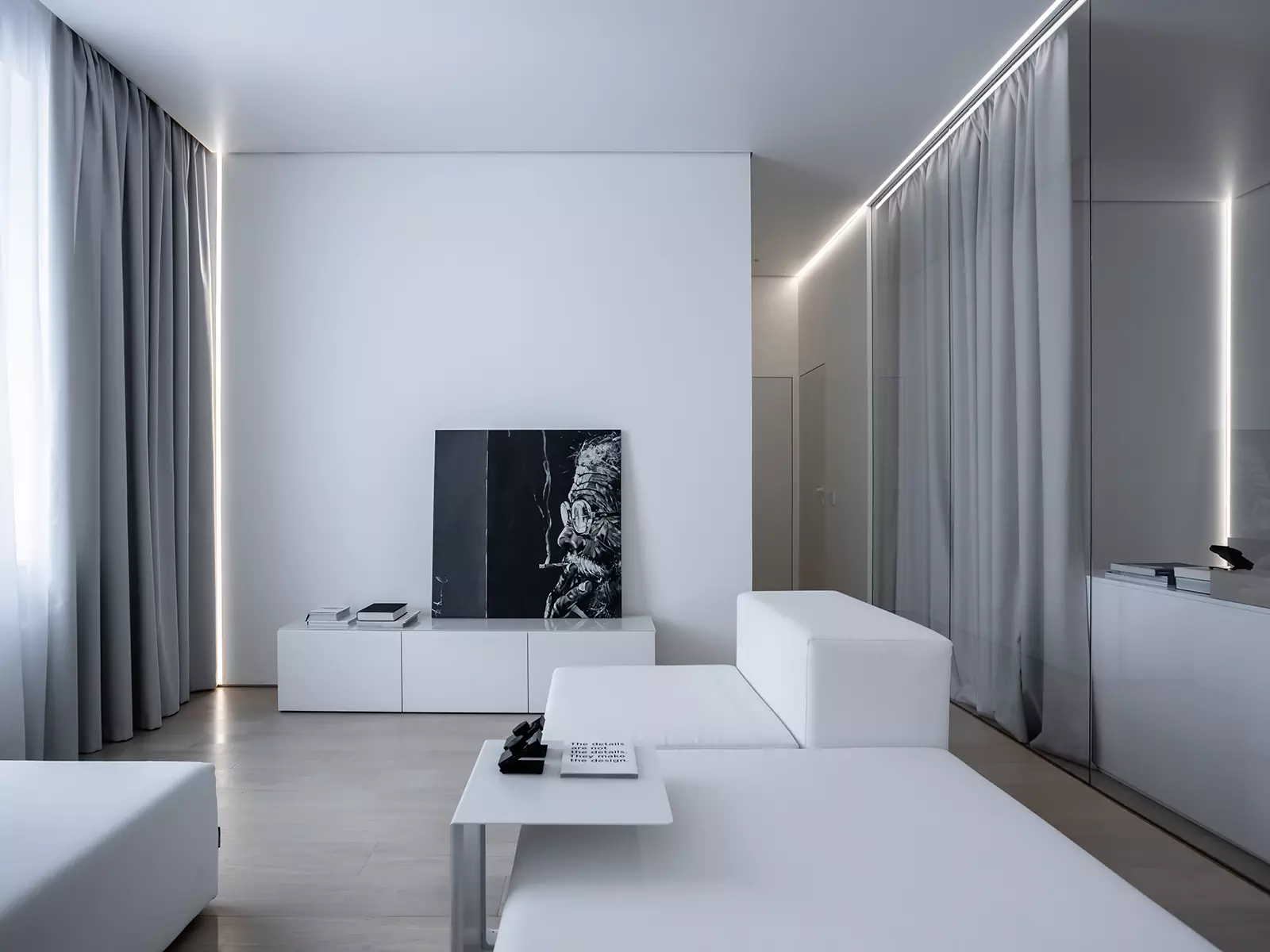 Полностью белый интерьер квартиры без единого подвесного светильника — проект студии ARCHJOINT