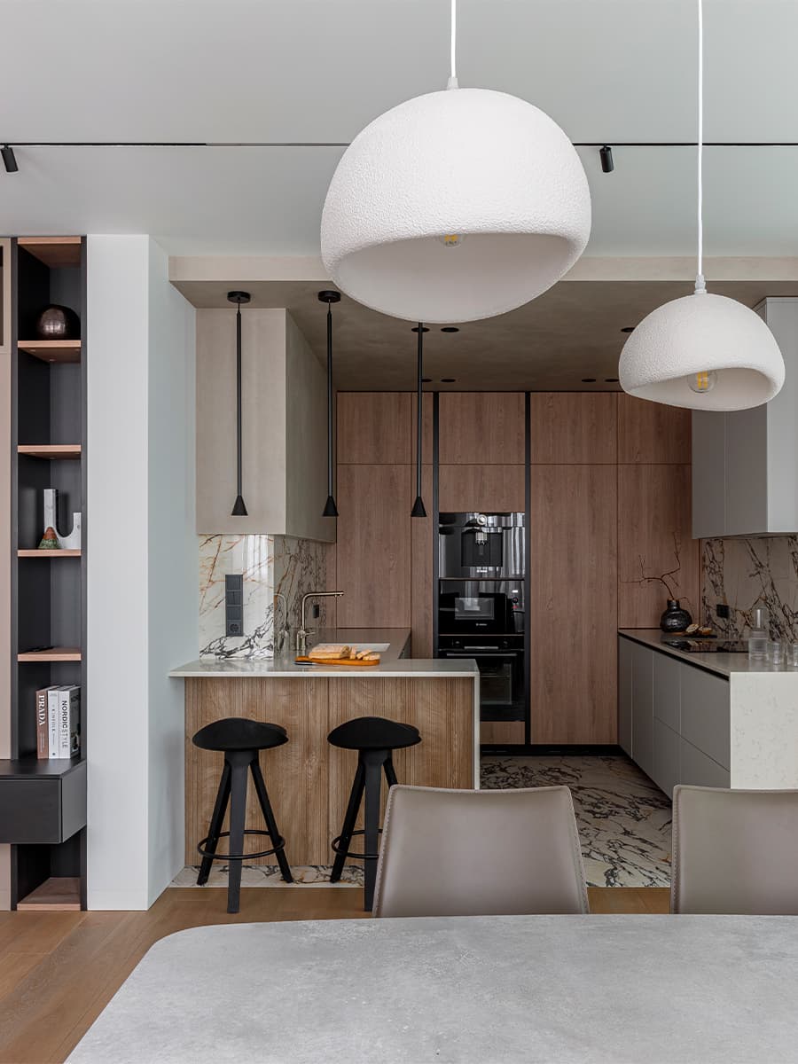 Стильный монохром и акценты из искусственного камня в интерьере квартиры с зимним садом — проект Анны Шаповаловой