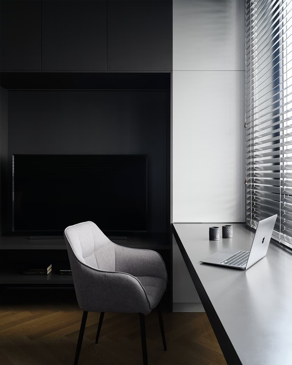 Обволакивающие темные поверхности в уютном интерьере семейной квартиры с тремя спальнями — проект LATIF BUREAU