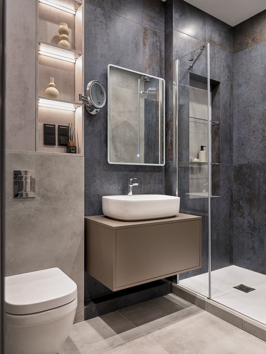 Сложные сливовые оттенки и шпон дуба в интерьере уютной квартиры — проект Катерины Шиховой