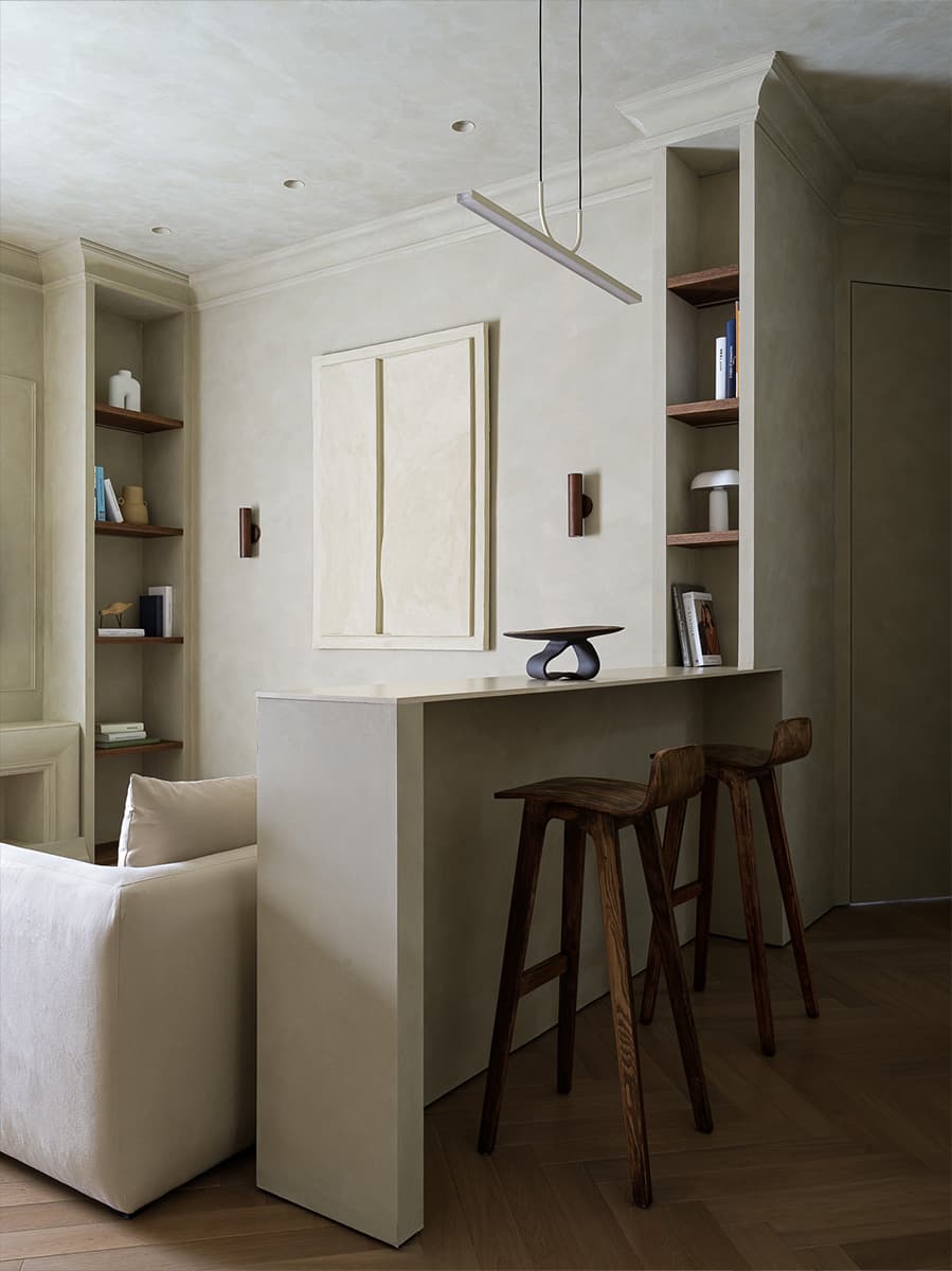 Бархатистая штукатурка и мягкие формы мебели в интерьере квартиры под сдачу в аренду – проект Валерии Дзюбы