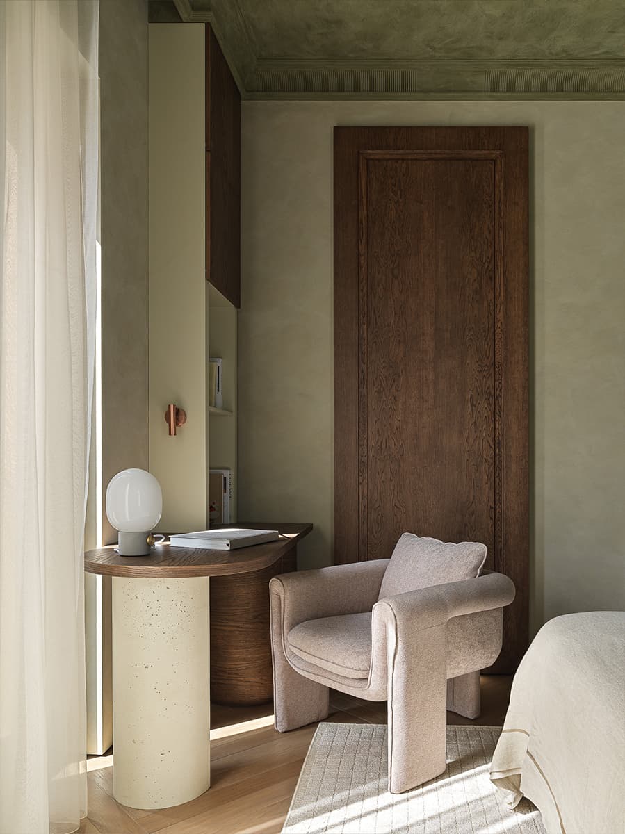 Бархатистая штукатурка и мягкие формы мебели в интерьере квартиры под сдачу в аренду – проект Валерии Дзюбы
