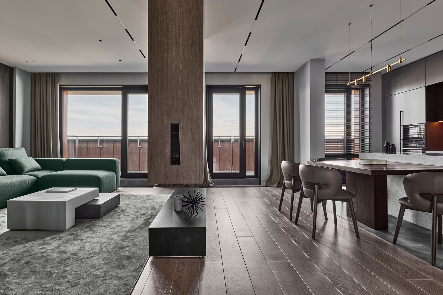 Эффектный стеллаж как центральный элемент интерьера просторной семейной квартиры — проект студии D&D design