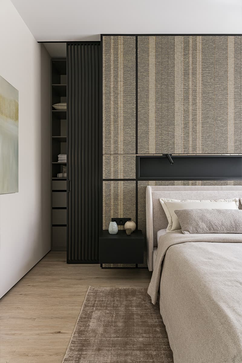 Элегантный куб гардеробной в центре интерьера с мягкими линиями — проект студии дизайна интерьеров Анастасии Безматерных