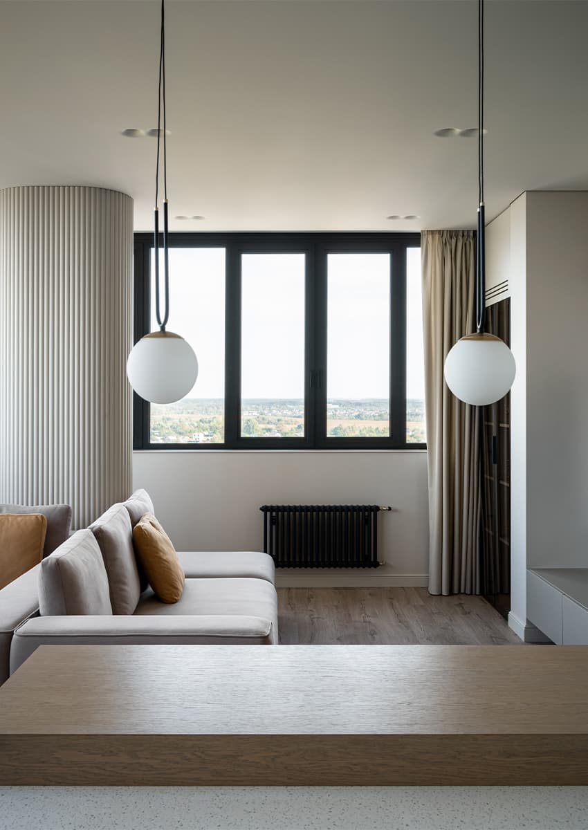 Гостеприимный интерьер квартиры с оригинальным несущим пилоном — проект Анны Лисимовой