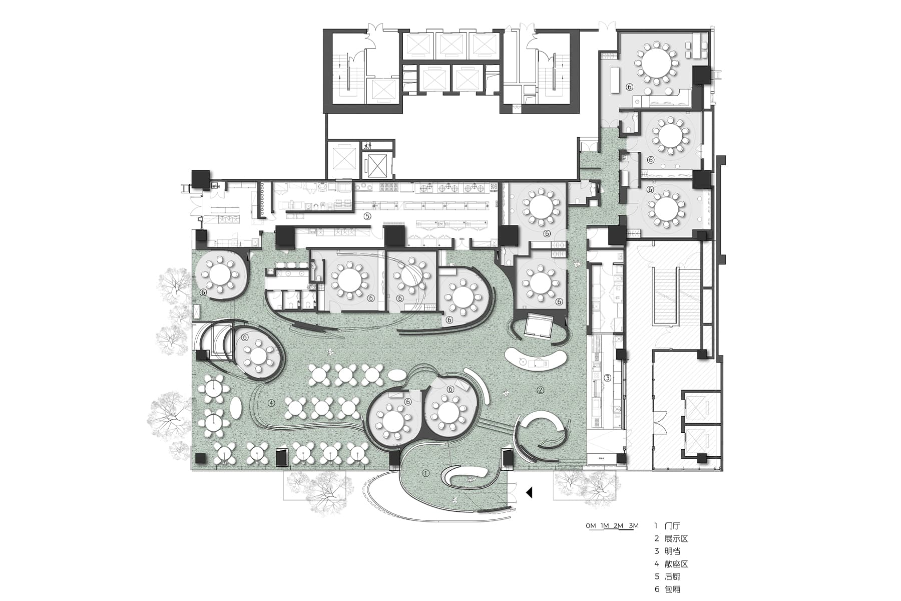 Природные мотивы, массивные формы и зеленые тона в нестандартном интерьере ресторана в Китае — проект бюро FUNUN LAB