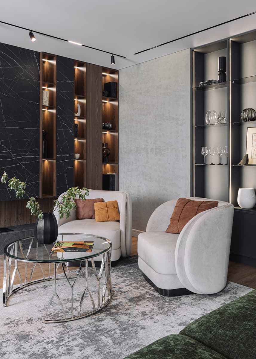 Травянистые оттенки, большой камин и обилие текстур в интерьере квартиры для молодой пары — проект студии Level Design