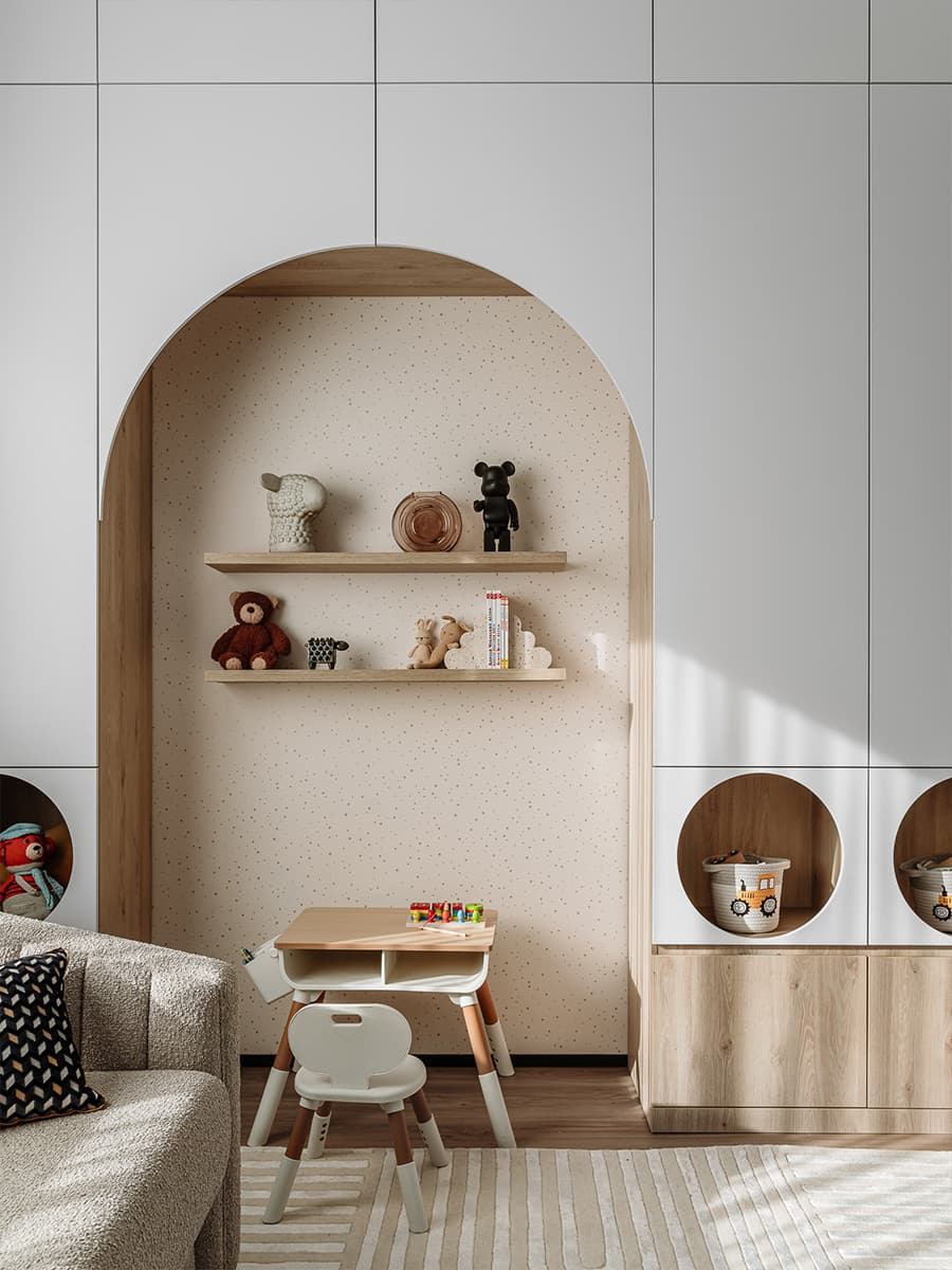 Скругленные формы и древесина в интерьере таунхауса с камином — проект Елены Орловой