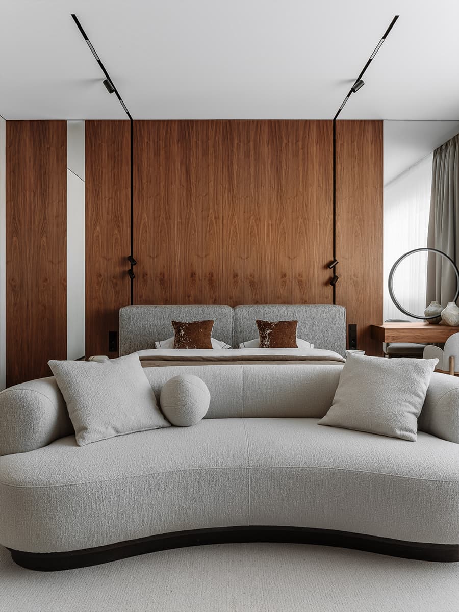 Скругленные формы и древесина в интерьере таунхауса с камином — проект Елены Орловой