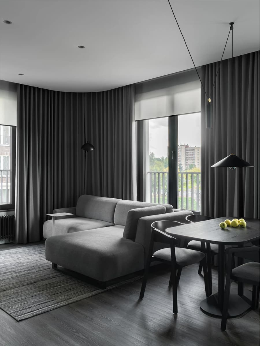 Серые и изумрудные оттенки в интерьере квартиры для пары — проект Артема Алексеева