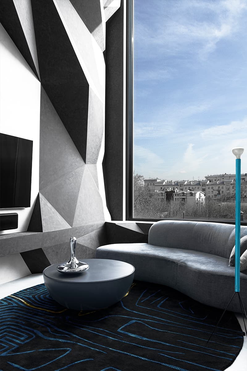 Объемная стена и культовая мебель в монохромном интерьере квартиры — проект студии «Точка дизайна»