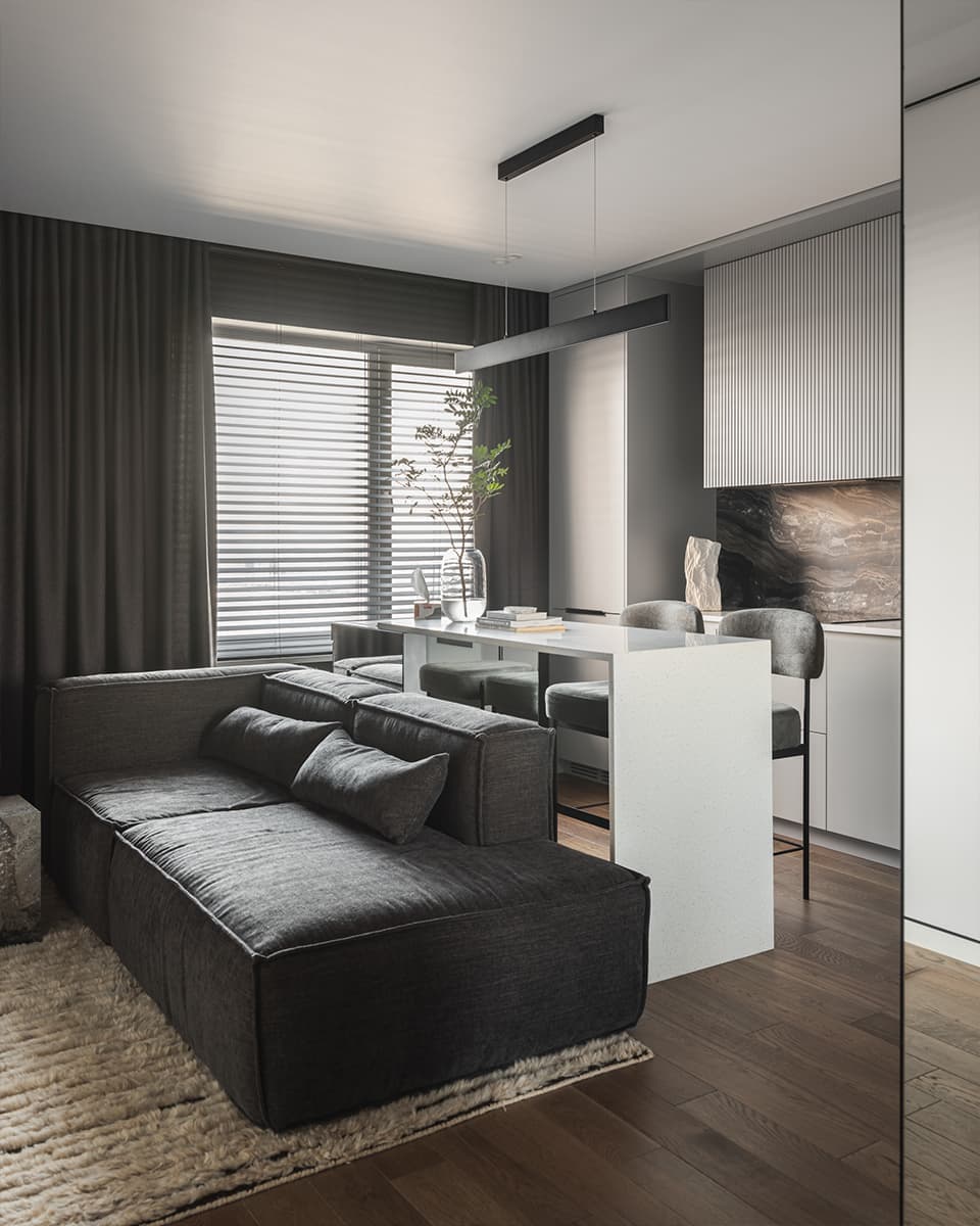 Интерьер квартиры со скульптурной стеной в гостиной — проект Евгении Гостевой и Оксаны Раскиной