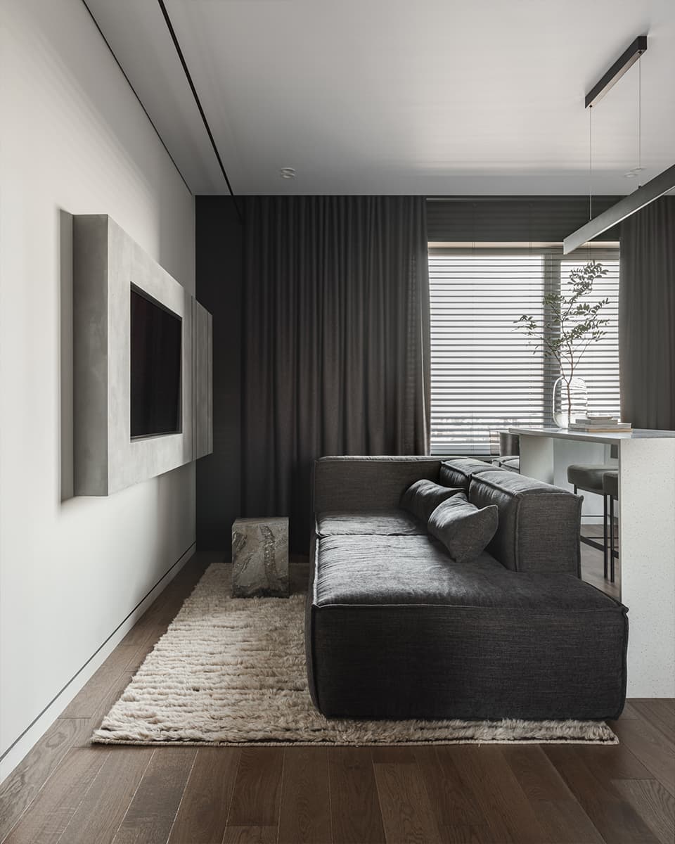 Интерьер квартиры со скульптурной стеной в гостиной — проект Евгении Гостевой и Оксаны Раскиной