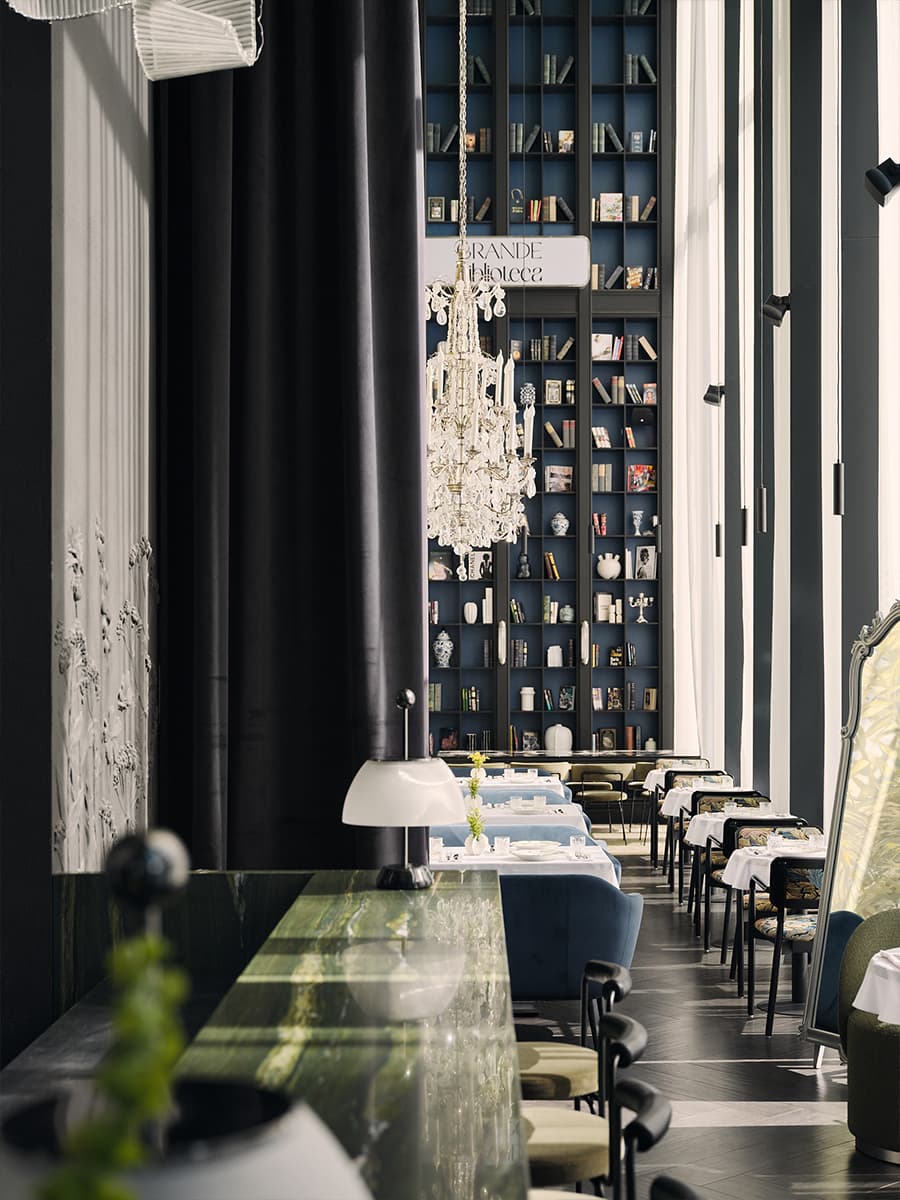 Многоярусные люстры и изящные книжные шкафы в интерьере ресторана — проект Алины Цауня