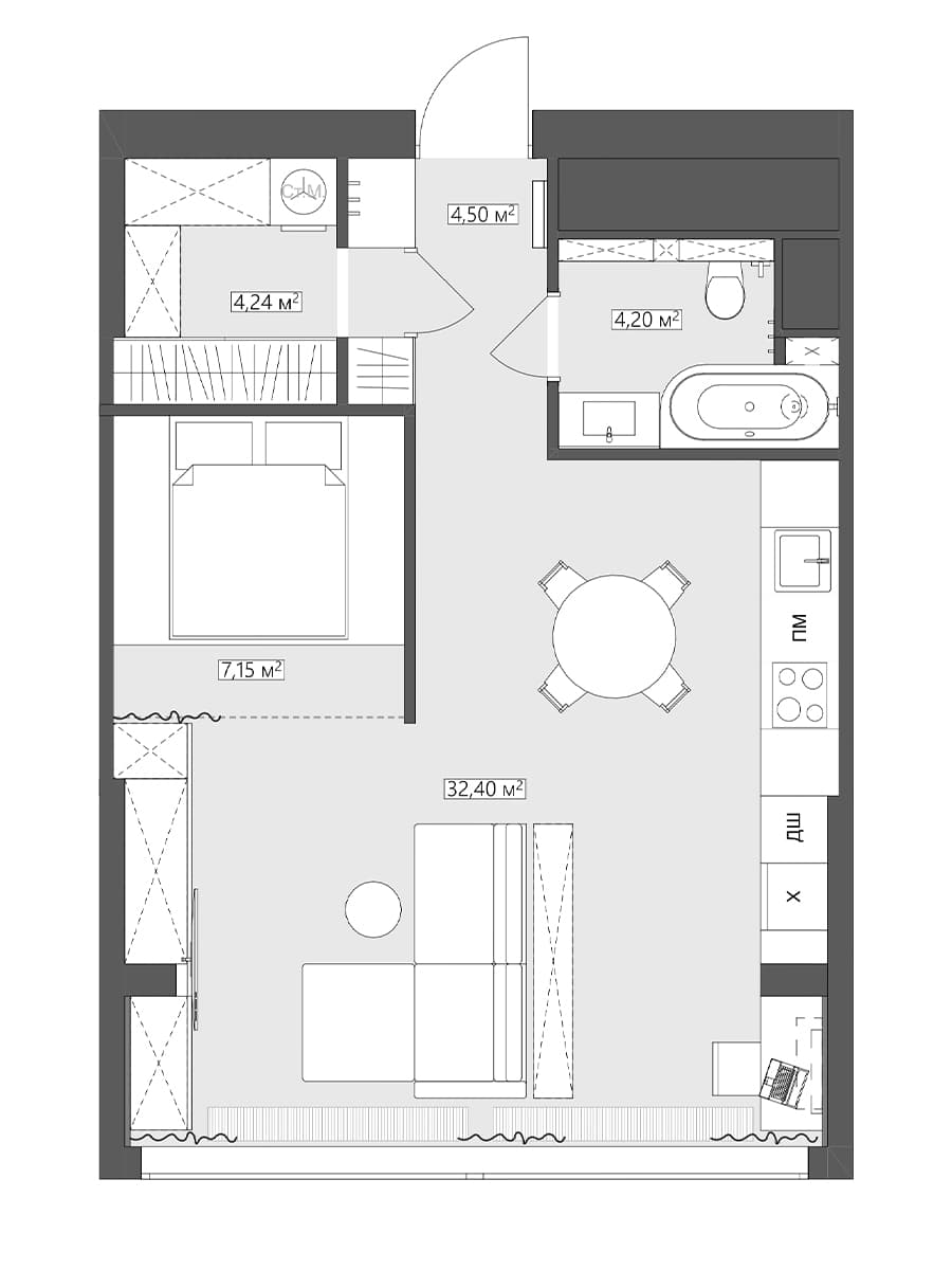 Повторяющиеся узоры и линии в интерьере квартиры для сдачи в аренду — проект Анны Лагутиной