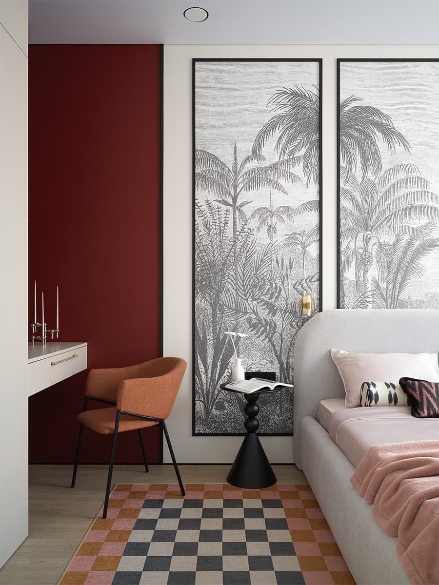 Глубокие бордовые тона в интерьере квартиры под сдачу — проект Натальи Федоровой