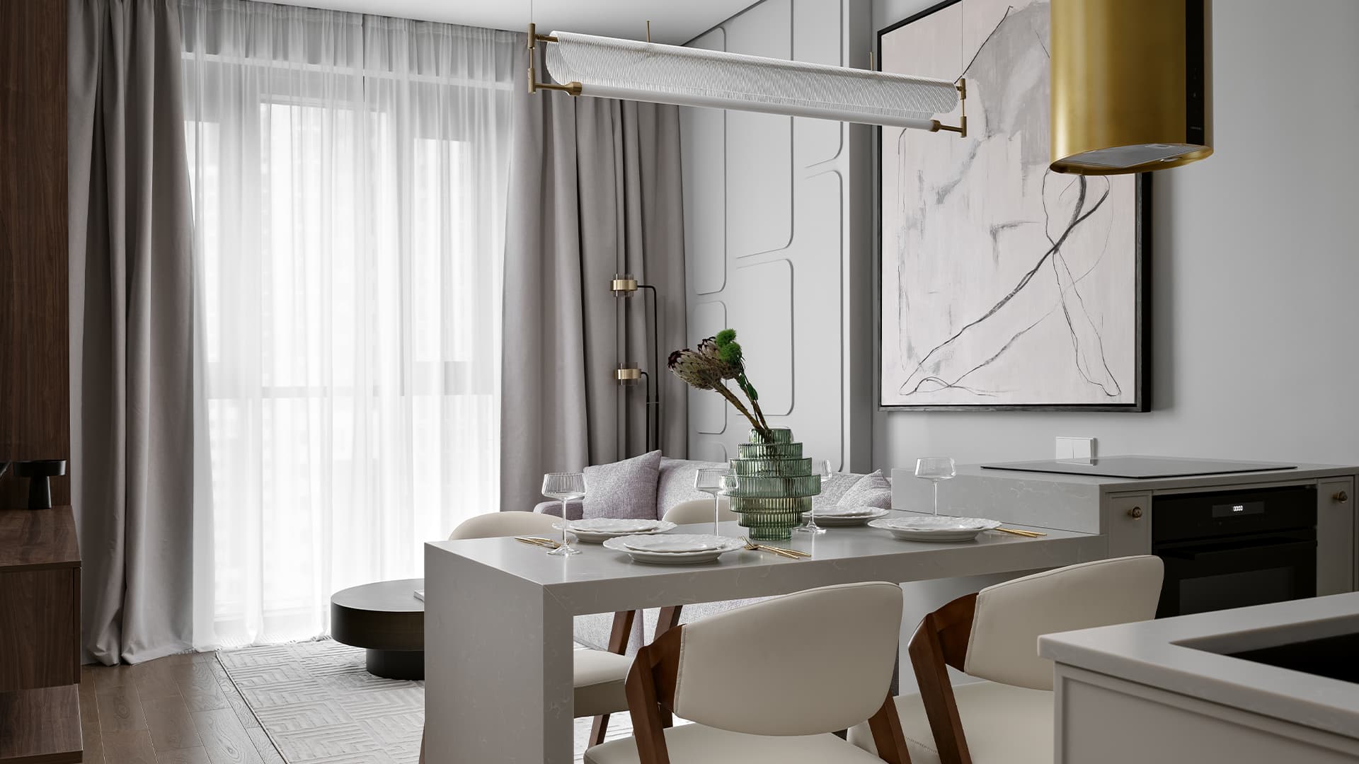 Контрастный керамогранит в интерьере квартиры под сдачу в аренду — проект Yuloo Studio