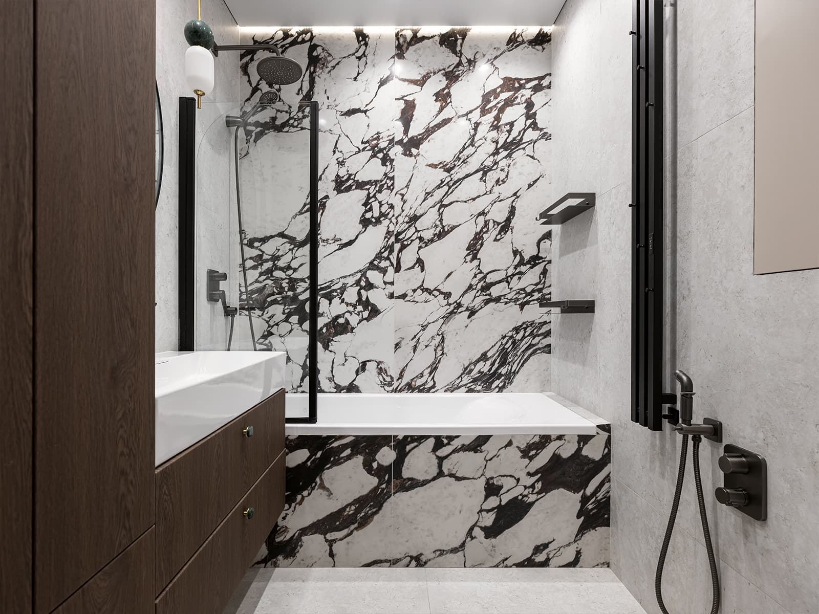 Контрастный керамогранит в интерьере квартиры под сдачу в аренду — проект Yuloo Studio