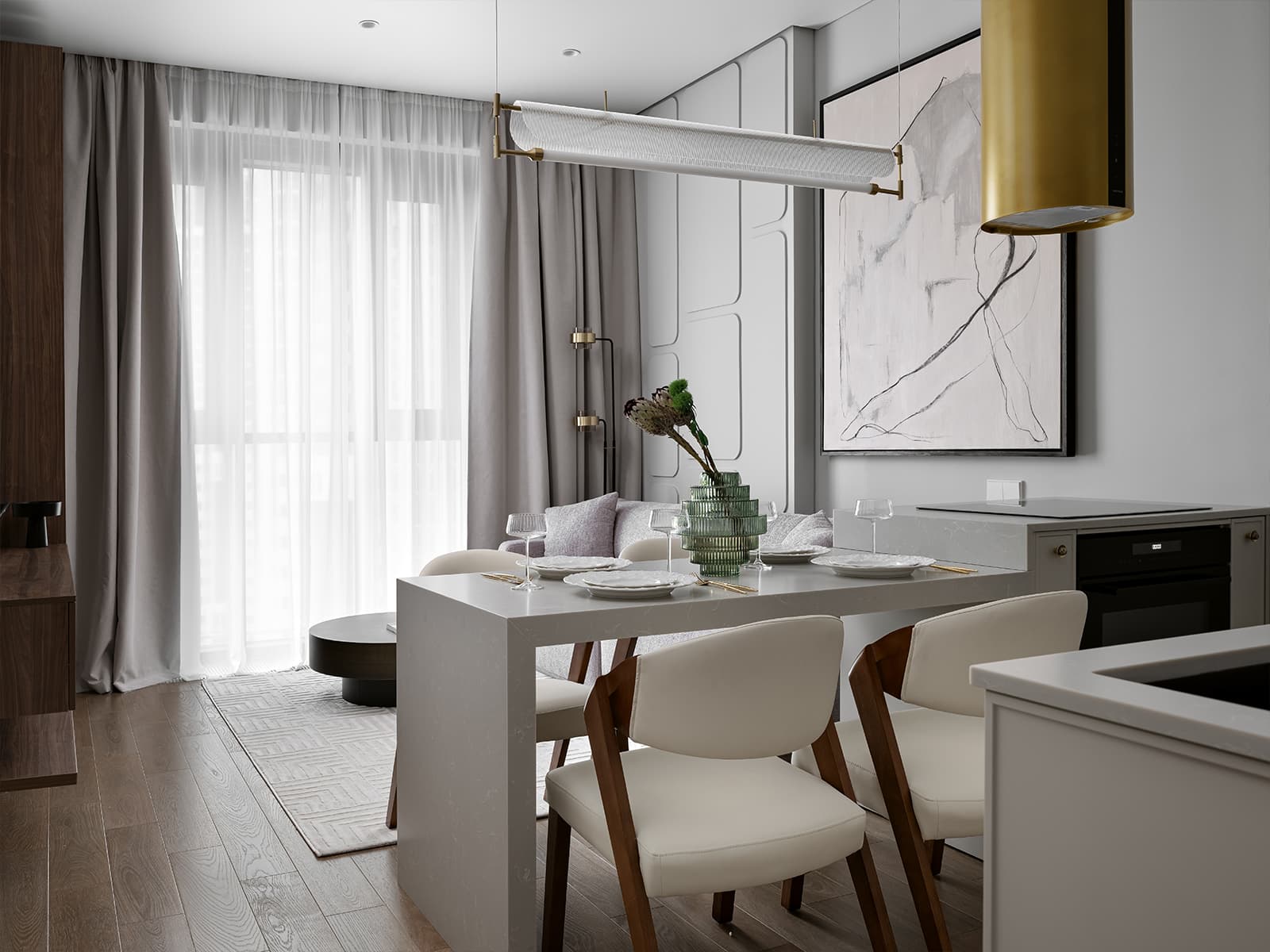 Контрастный керамогранит в интерьере квартиры под сдачу в аренду — проект Yuloo Studio