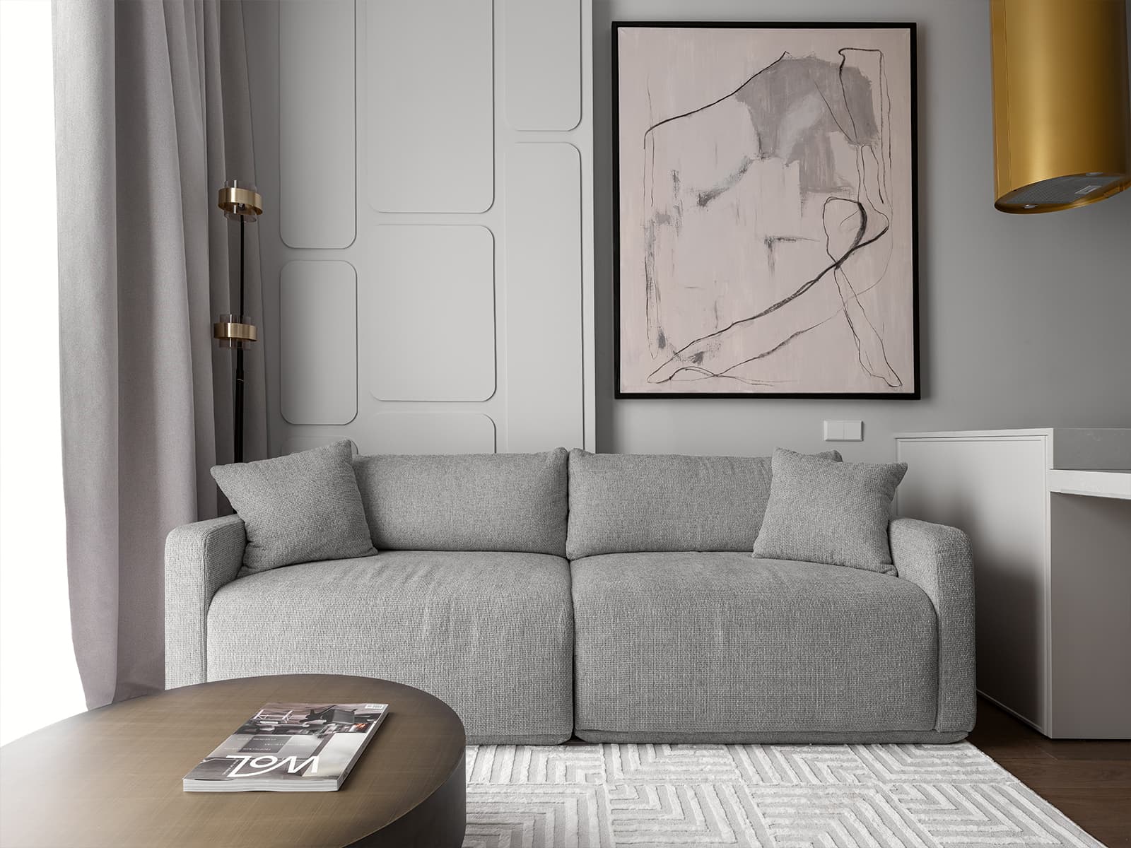 Контрастный керамогранит в интерьере квартиры под сдачу в аренду — проект Yuloo Studio