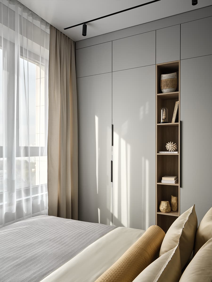 Золотистая перегородка со smart-стеклом в бутиковом интерьере квартиры — проект Ларисы Ермоленко