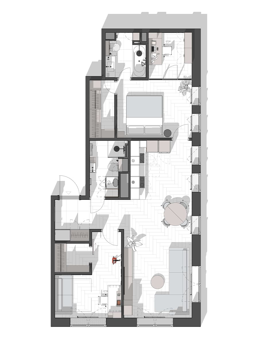 Красные акценты и скрытые двери в современном интерьере квартиры — проект студии Black Wall