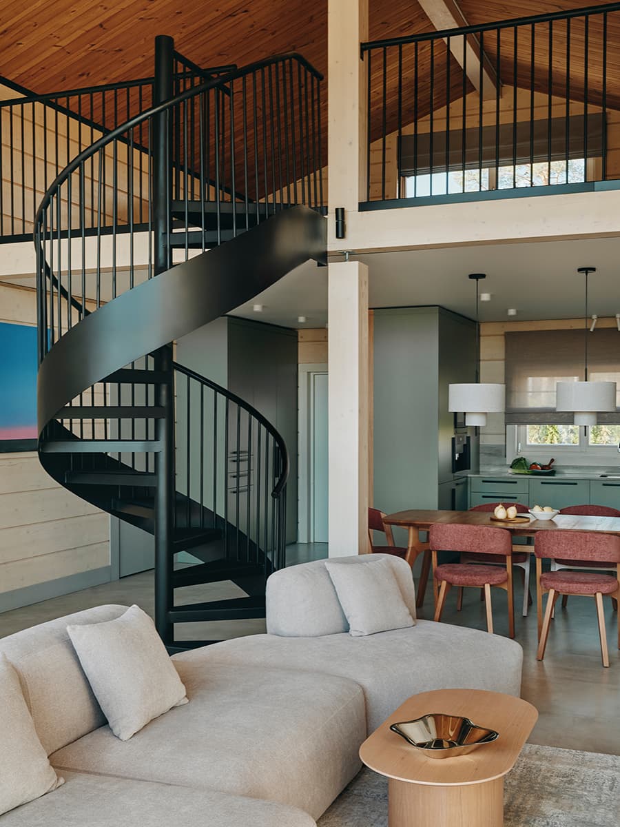 Современный интерьер дачи со скульптурной лестницей — проект VOLVES interiors