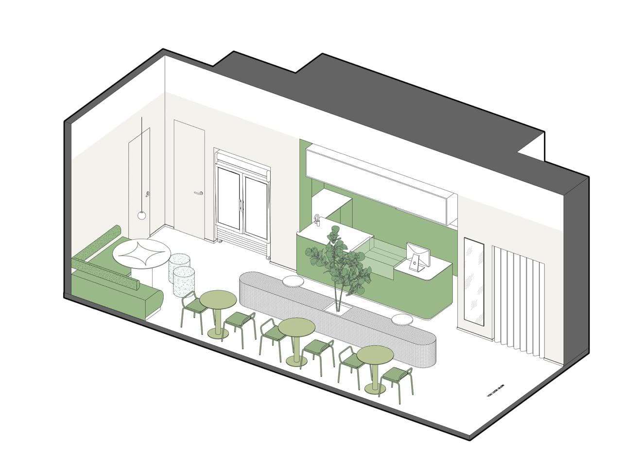 Бодрящие лаймовые тона в интерьере ресторана здорового питания — проект студии дизайна 1820
