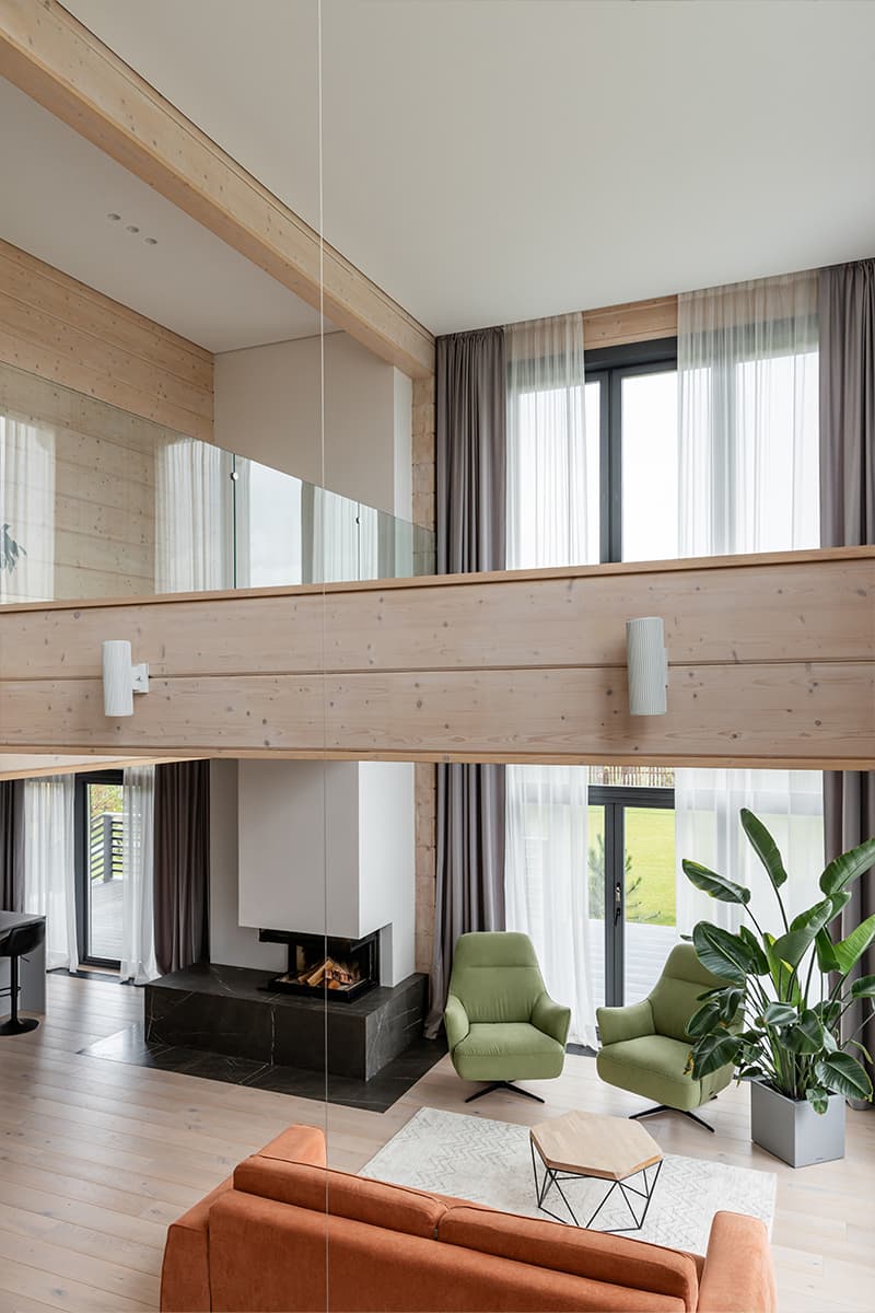 Теплота клееного бруса в интерьере загородного дома — проект Екатерины Беляковой