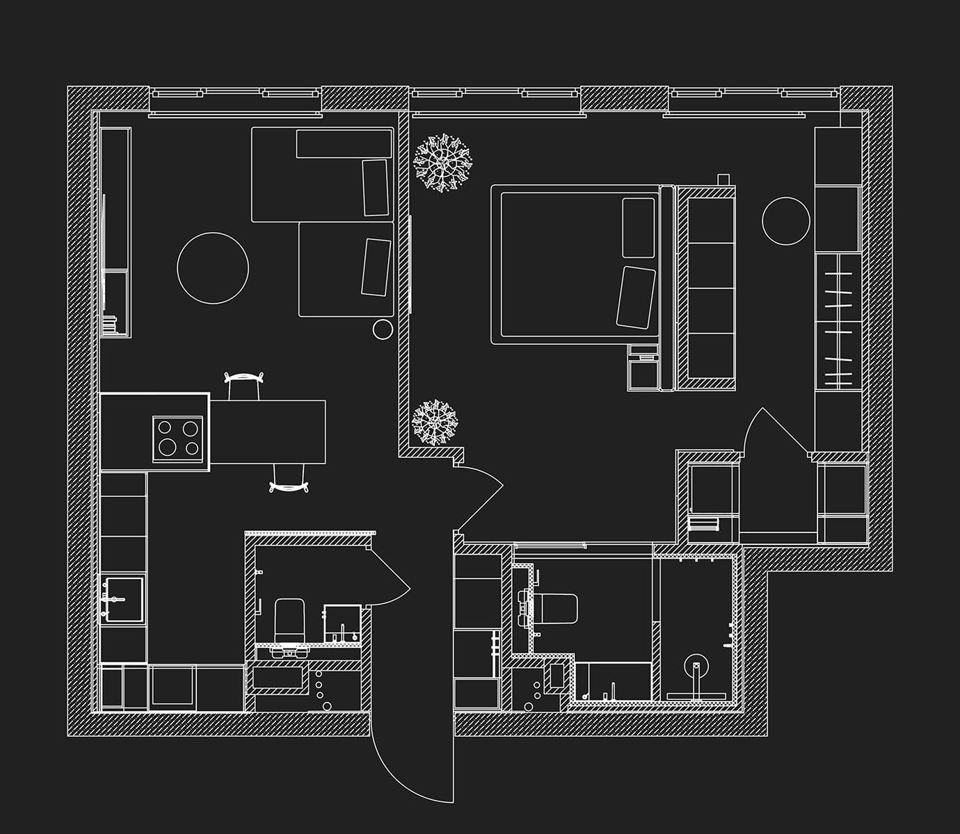 Монохромный интерьер квартиры с акцентной кухней — проект ink.bureau