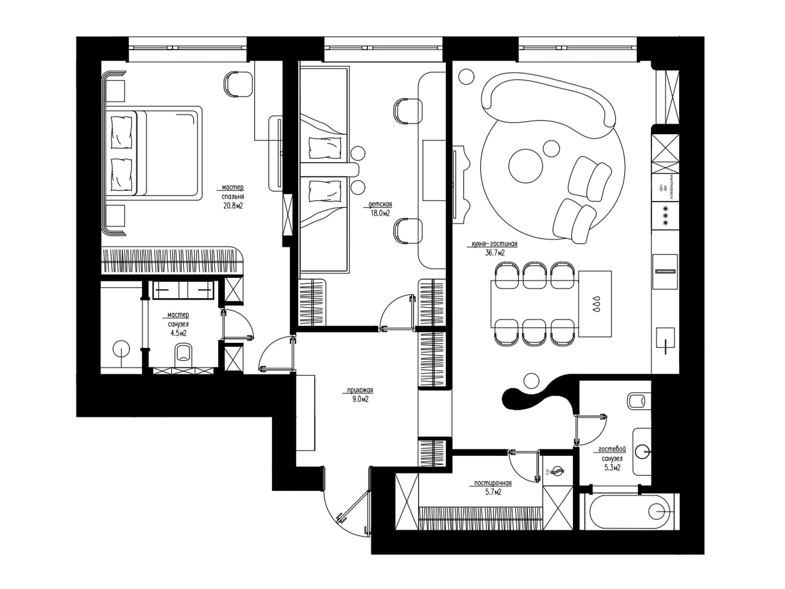 Элегантный интерьер с декоративным карнизом и изогнутой стеной — проект студии BELOUSOVA.INTERIOR