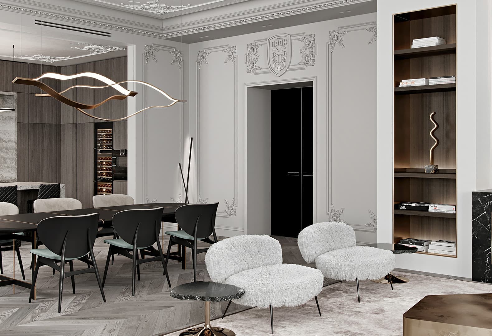 Кресла Nepal и обеденные стулья Alma, Baxter. Проект Gray and Rough. Дизайн: Ab-architects