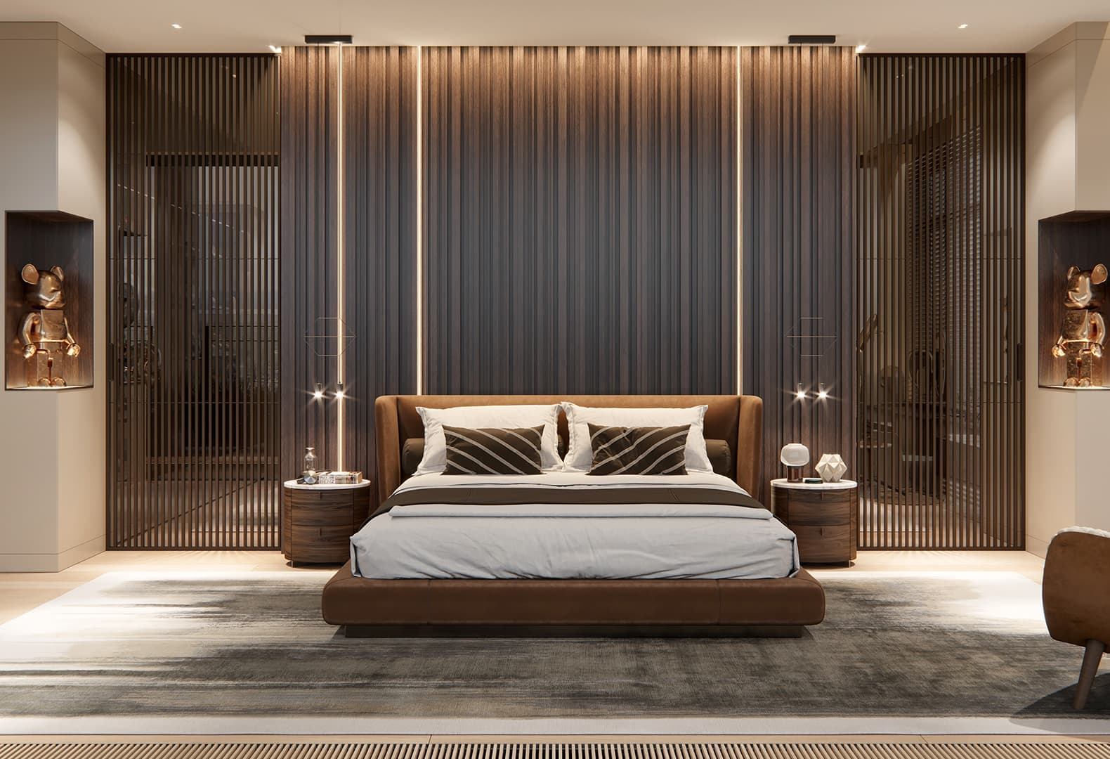 Раздвижные перегородки по обе стороны кровати Rimadesio. Пентхаус Art Place. Дизайн: Ab-Architects