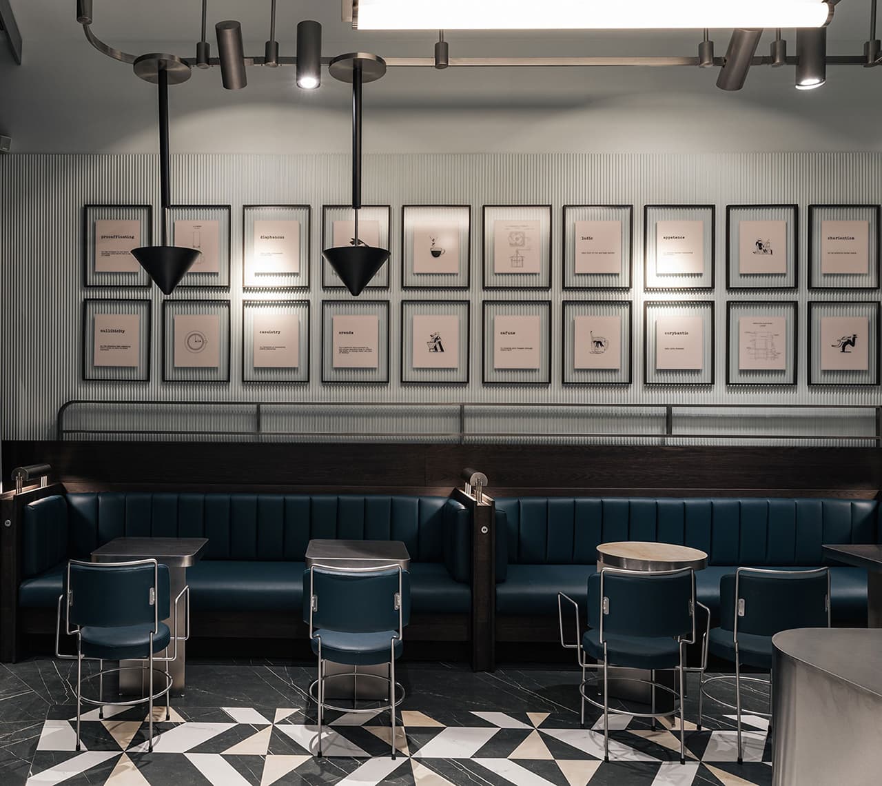 Современные и ретро-футуристические мотивы в интерьере кофейни – проект Yiannis Pouspourikas Design Studio