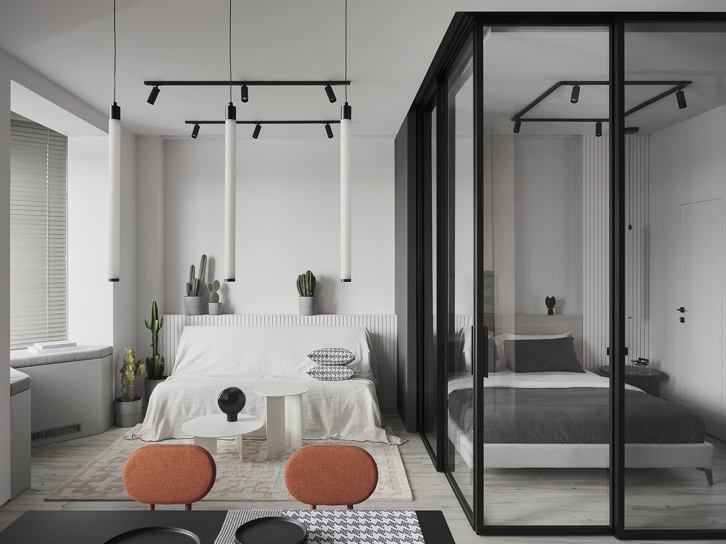 Минималистичный интерьер квартиры под сдачу со спальней-боксом – проект Алексея Иванова