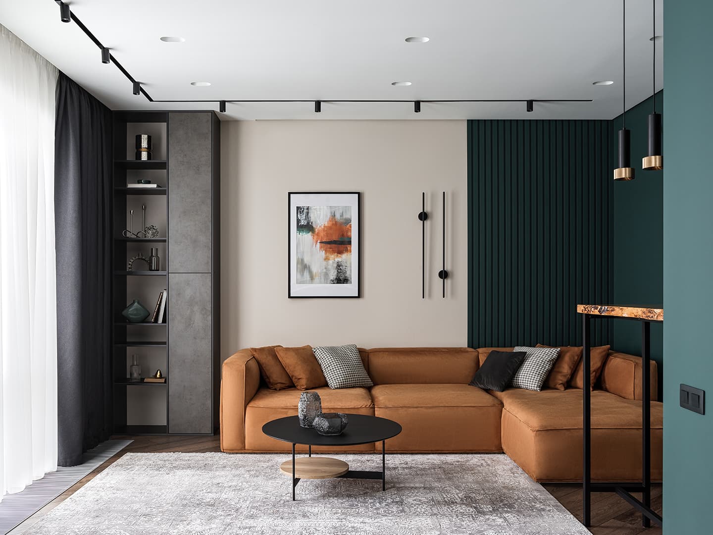 Изумрудные и терракотовые оттенки в интерьере семейной квартиры — проект Дарьи Авдеенко