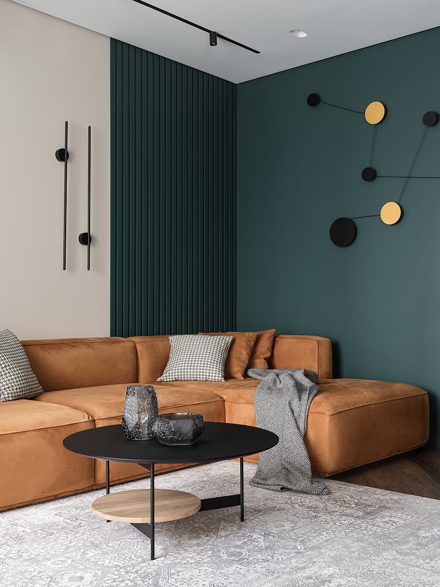 Изумрудные и терракотовые оттенки в интерьере семейной квартиры — проект Дарьи Авдеенко